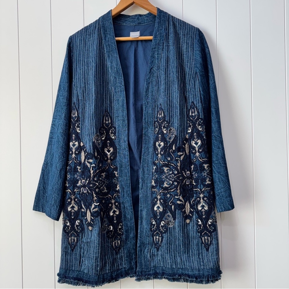 Chico's Embellished Embroidered Long Open Denim Jacket Size 0 Small Cardigan